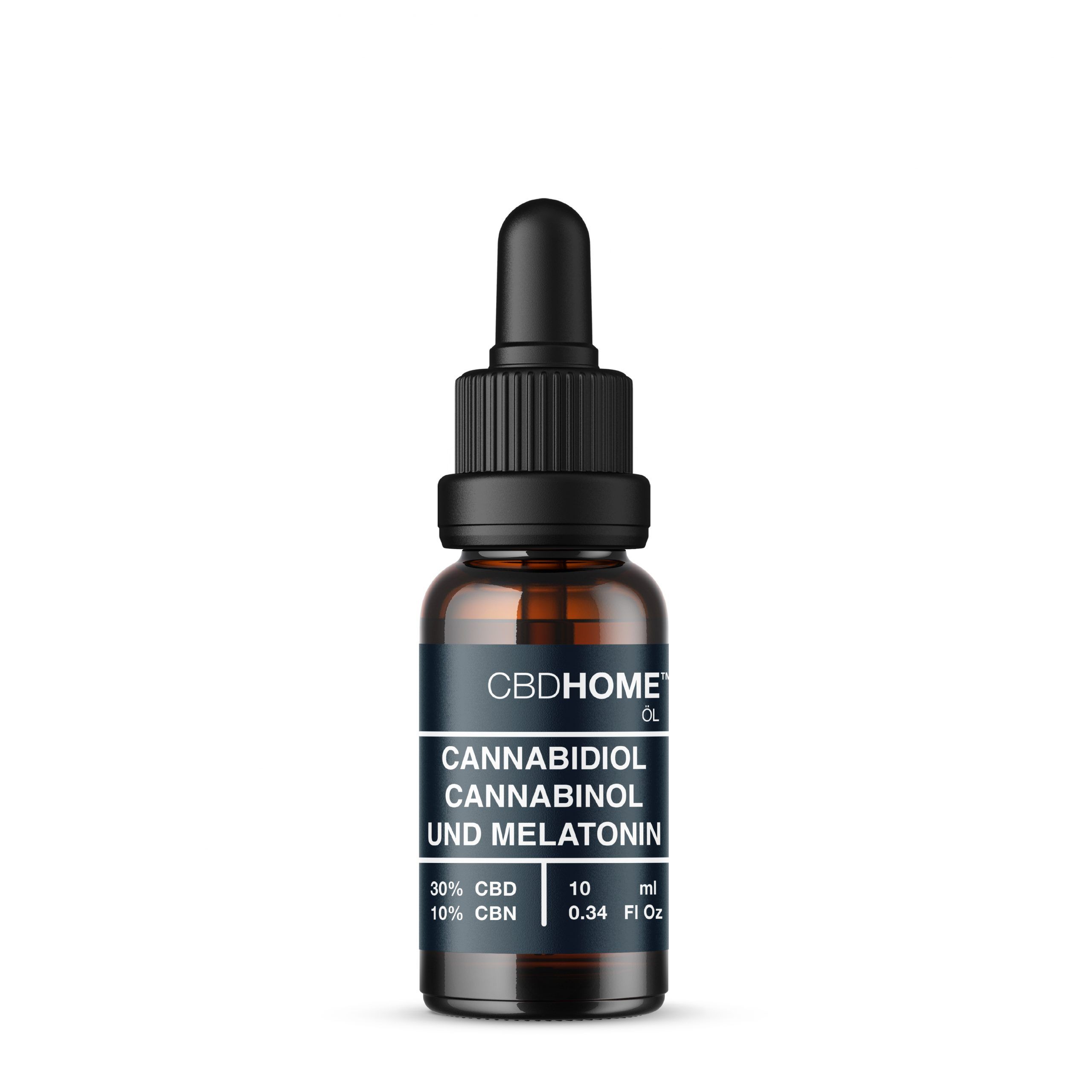 CBD HOME Ölflasche mit Pipette. Enthält 30% CBD, 10% CBN, Melatonin.