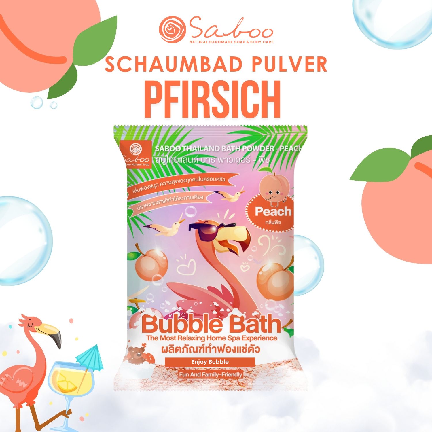 Produktverpackung mit Text: Schaumbad Pulver Pfirsich. Flamingo-Illustration, Pfirsiche, Text in mehreren Sprachen.