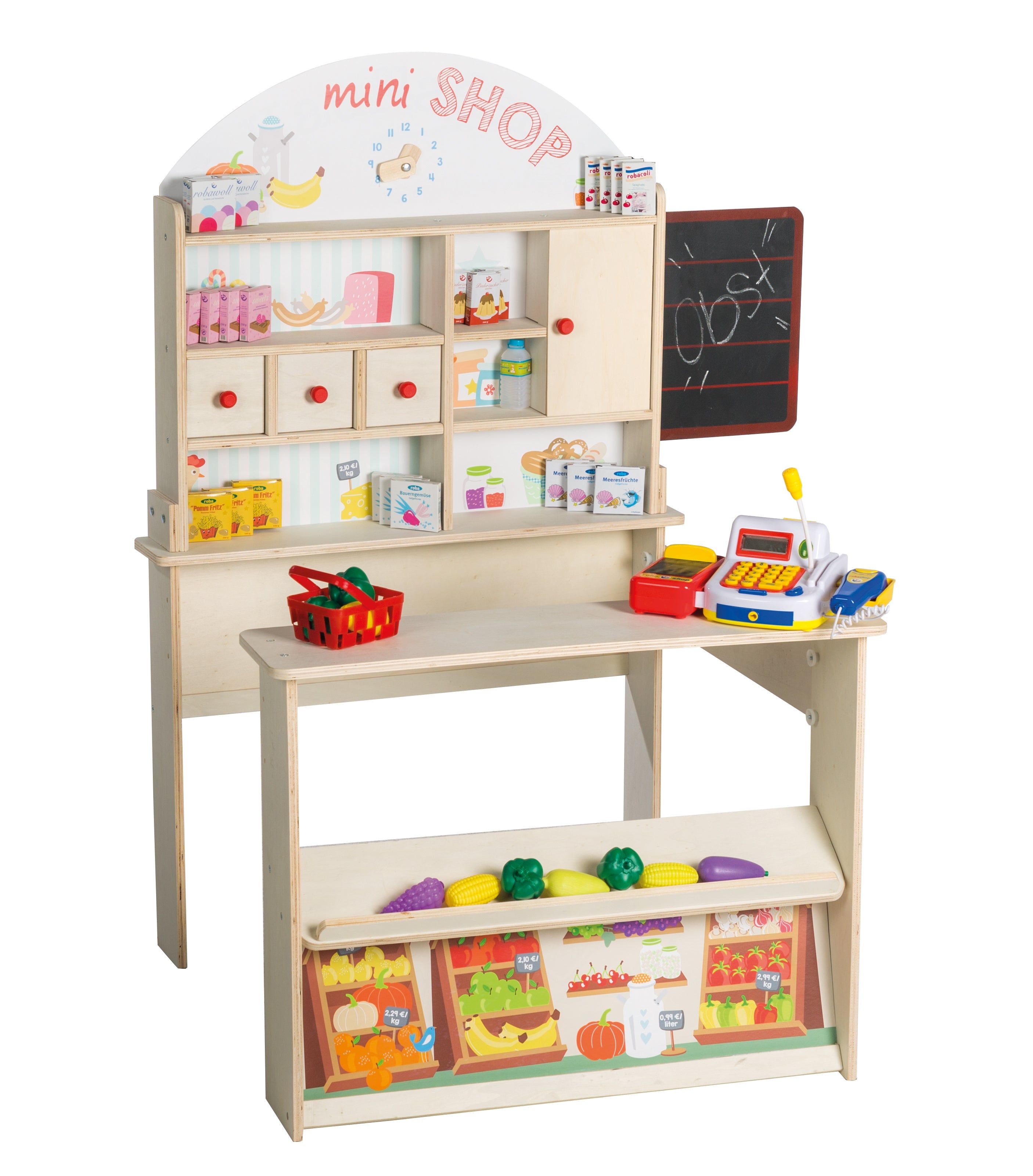 Spielzeug-Verkaufsstand mit Theke, Tafel, Kasse und Regalen. Aufschrift 'mini SHOP'. Regale mit Lebensmittel-Illustrationen.