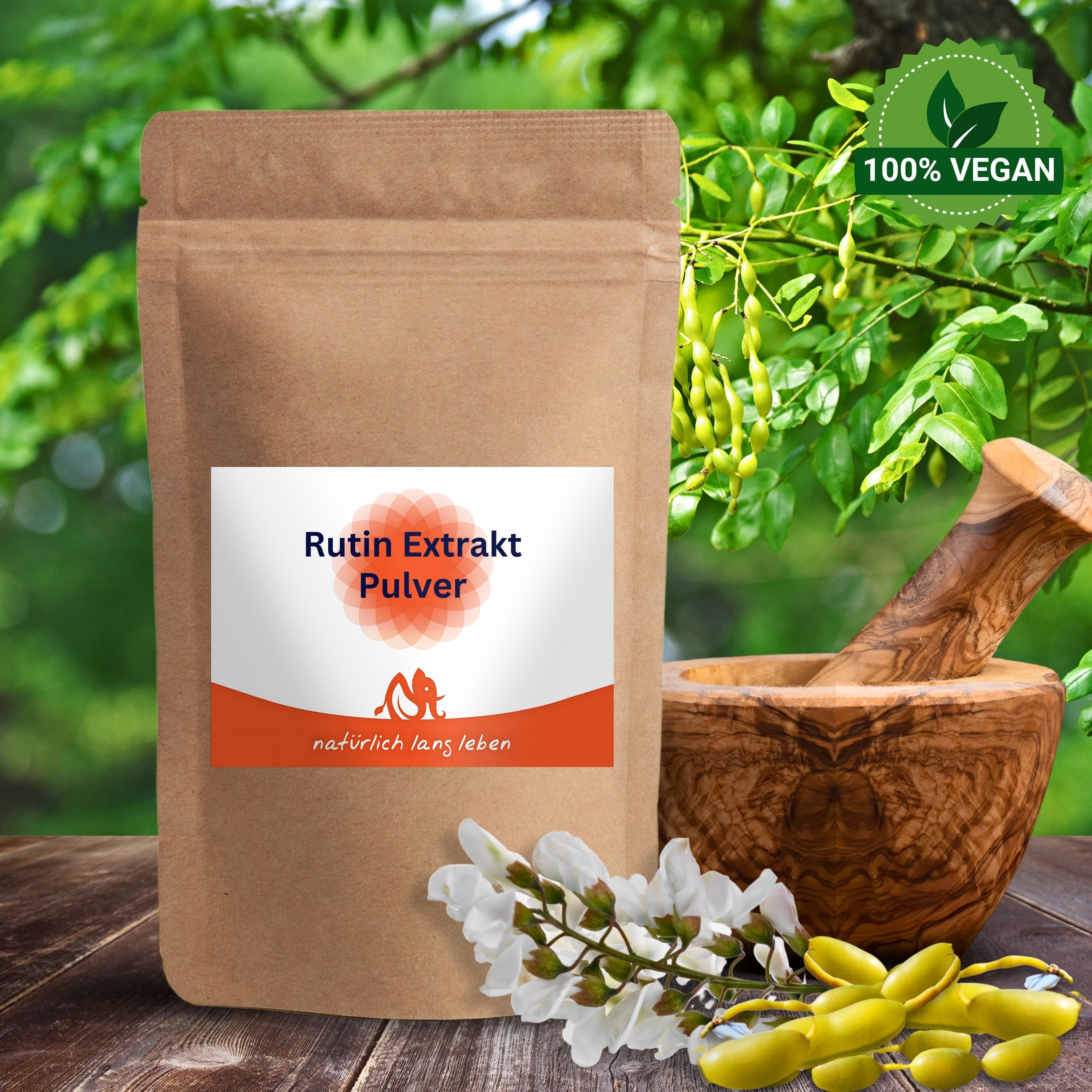 Braune Tüte mit Etikett. Etikett mit Text: Rutin Extrakt Pulver, Logo und Schriftzug: natürlich lang leben. 100% Vegan-Siegel.