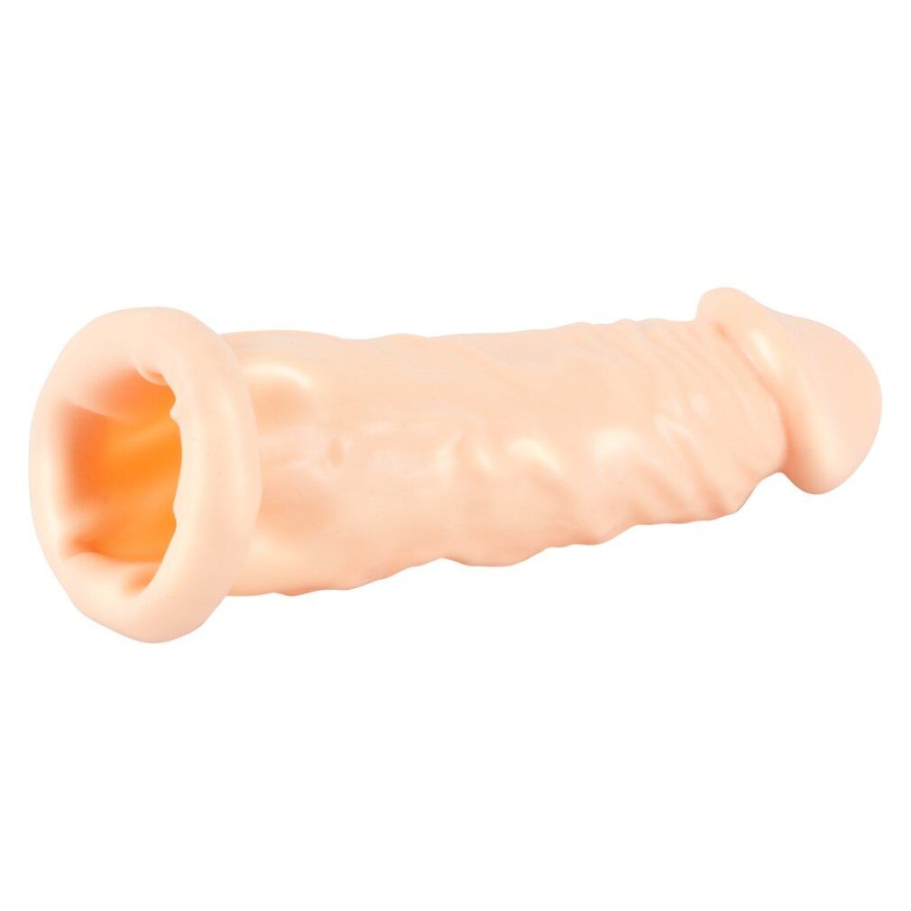 Beige Silikon-Penishülle. Geformt wie ein Penis mit geriffelter Oberfläche.