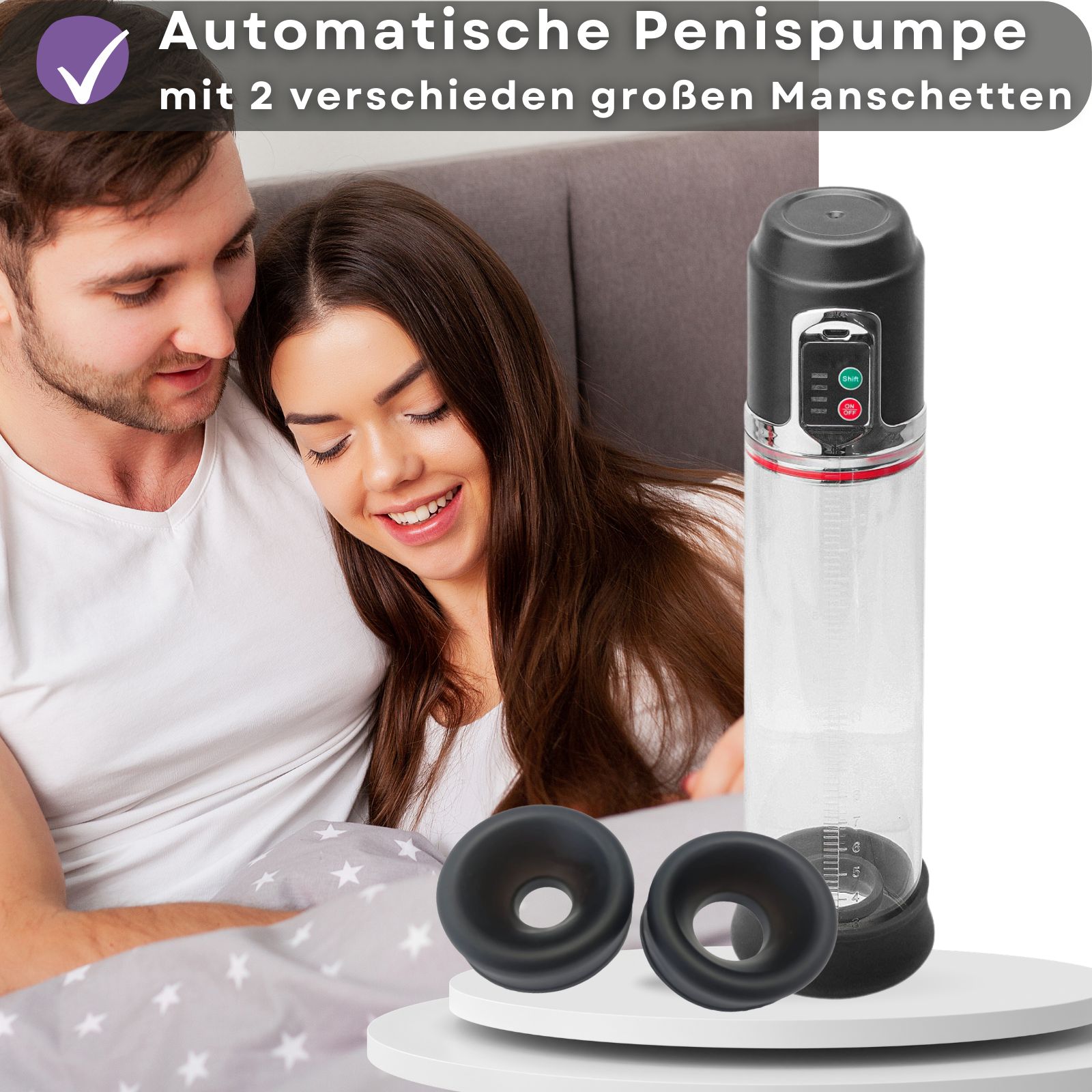Penispumpe, 30cm lang, 8cm breit. Maximale Einführungstiefe 18,5cm. Schwarze Pumpe mit transparentem Zylinder.
