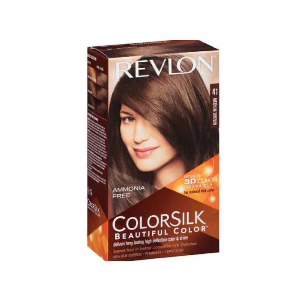 Produktverpackung von Revlon Colorsilk. Aufdruck: 41 Medium Brown, ohne Ammoniak. Abbildung einer Frau mit braunen Haaren.