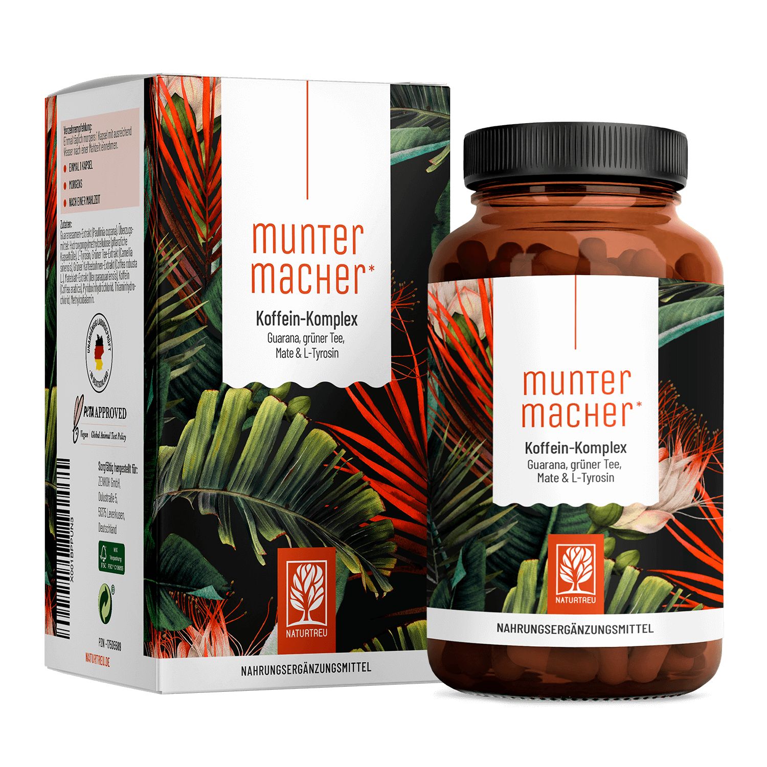 Braune Flasche und Schachtel mit Produktaufdruck. Aufschrift: Koffein-Komplex, Guarana, Grüner Tee, Mate & L-Tyrosin. NATURTREU®-Logo.
