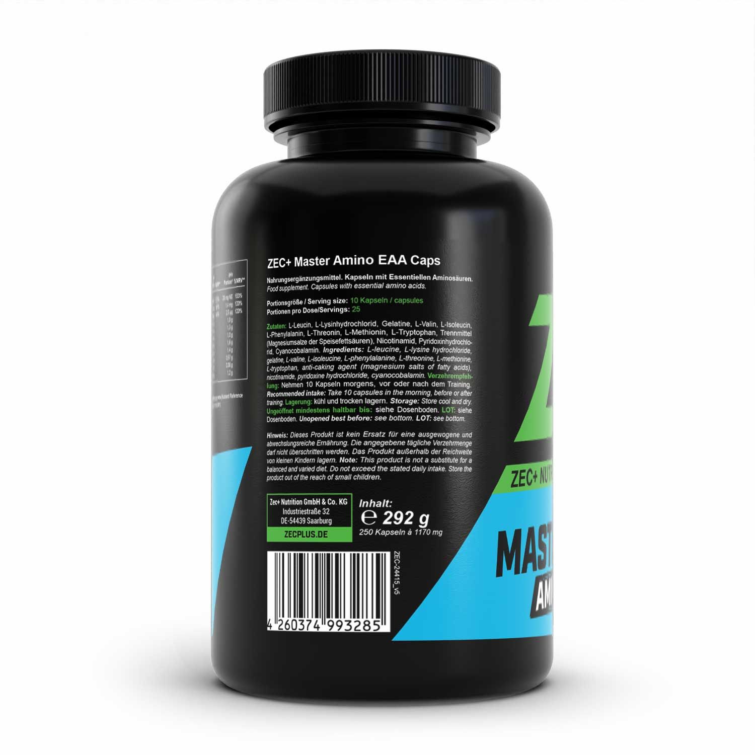 Rückseite einer schwarzen Flasche mit Text. "ZEC+ Master Amino EAA Caps". Barcode und Gewicht.