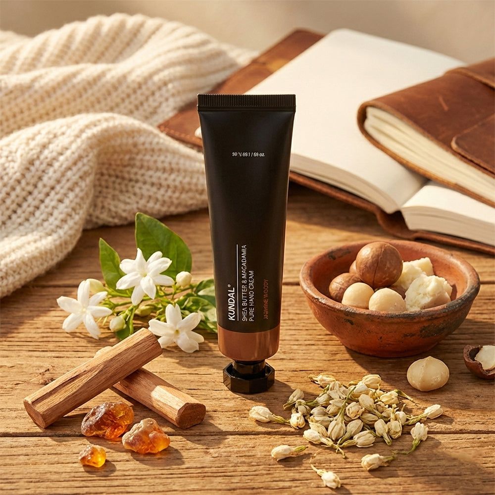 KUNDAL Handcreme Tube mit Zutaten wie Macadamianüssen und Jasminblüten.