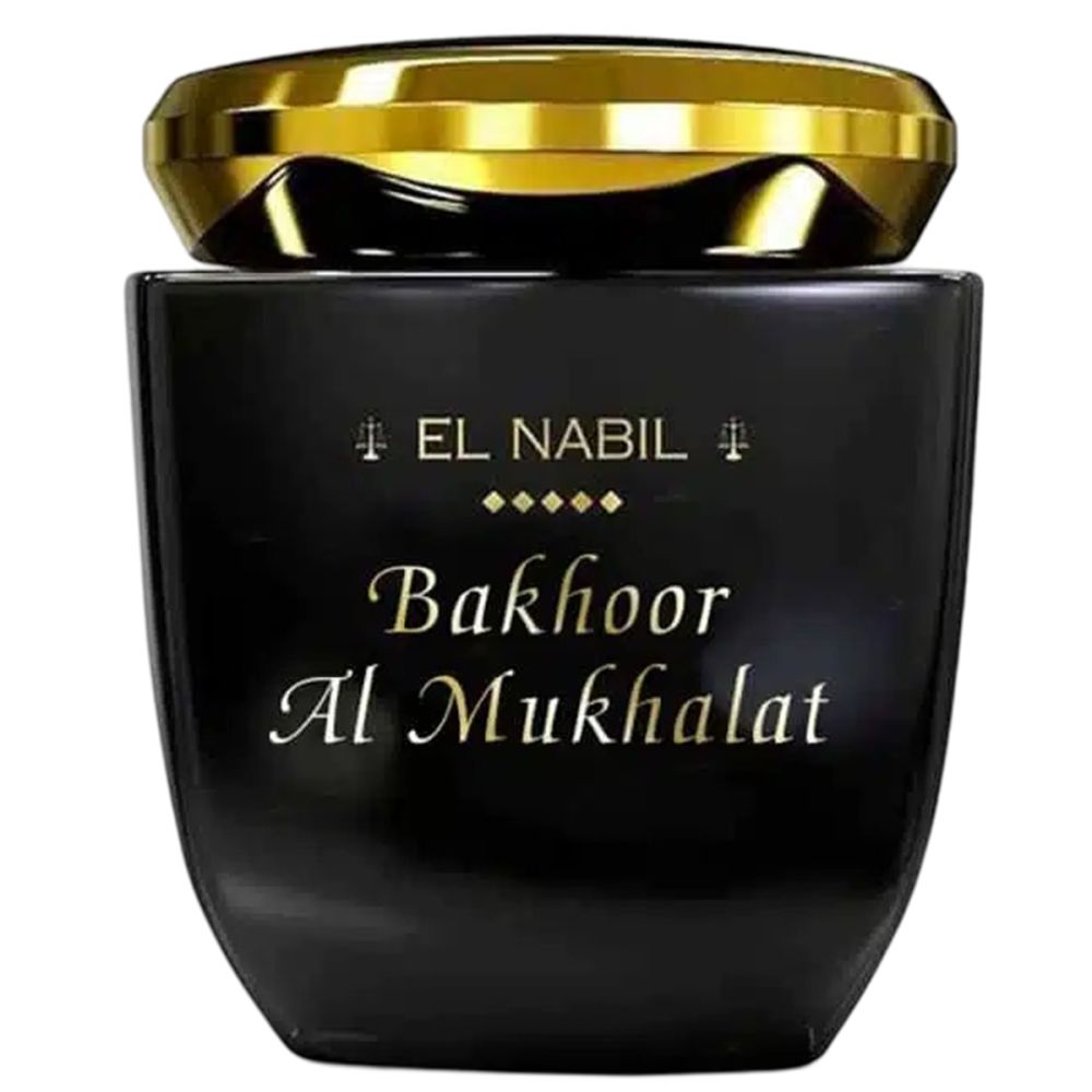 Schwarzer Behälter mit goldfarbenem Deckel. Aufschrift "EL NABIL" und "Bakhoor Al Mukhalat" in Gold.