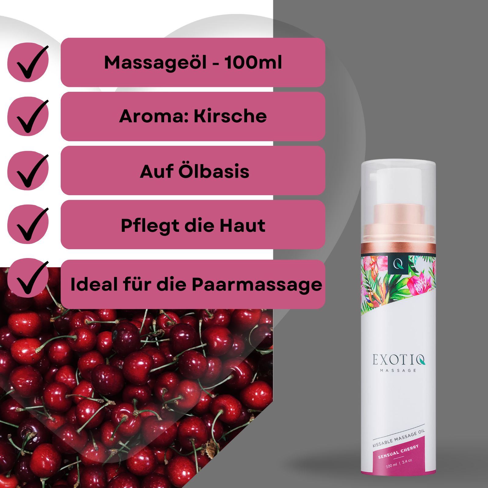 Produkt mit Kirschen und Check-Zeichen. Massageöl mit Aroma Kirsche, auf Ölbasis, pflegt die Haut, ideal für die Paarmassage.