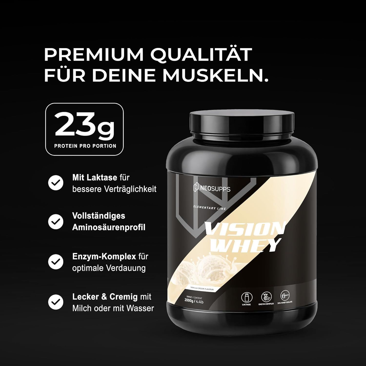 Neosupps Vision Whey Vanilla Cream, Eiweiss Protein Pulver, zum Muskelaufbau und Abnehmen