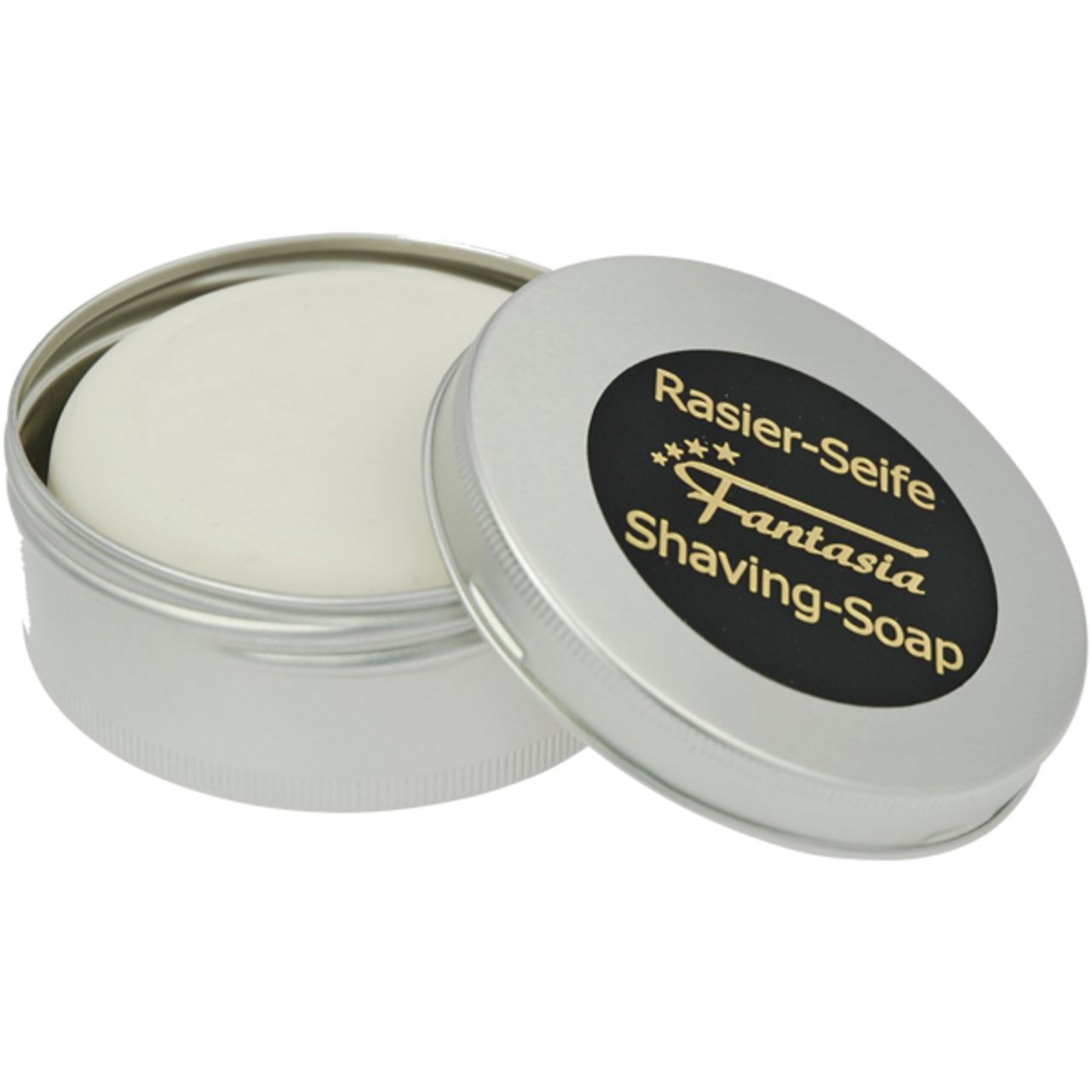 Rasierseife in Dose. Runde, silberfarbene Dose mit Deckel. Schwarzes Etikett mit Produktname und Logo.