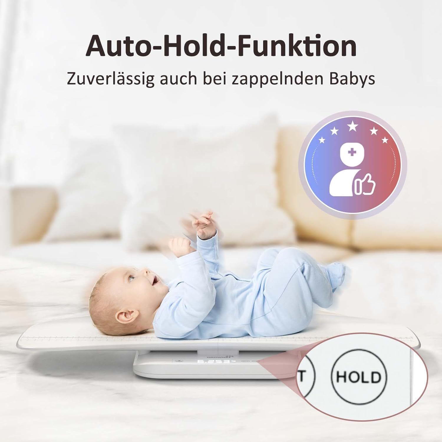 Babywaage mit Auto-Hold-Funktion für unruhige Babys. Nahaufnahme des Halte-Symbols.
