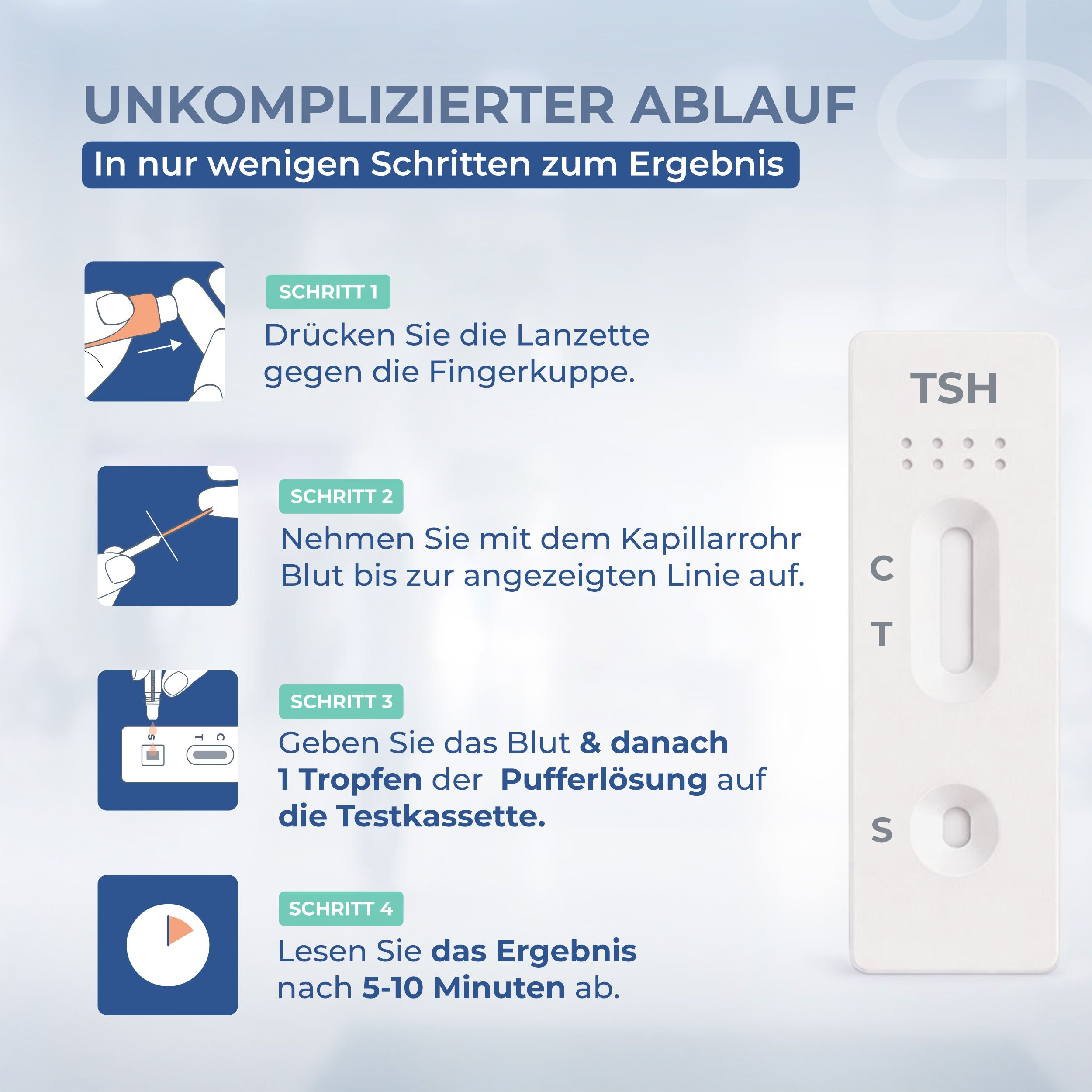 Schritte zur Durchführung des TSH-Tests. Abbildung mit Teststreifen. Text: Ergebnis in 5-10 Minuten.