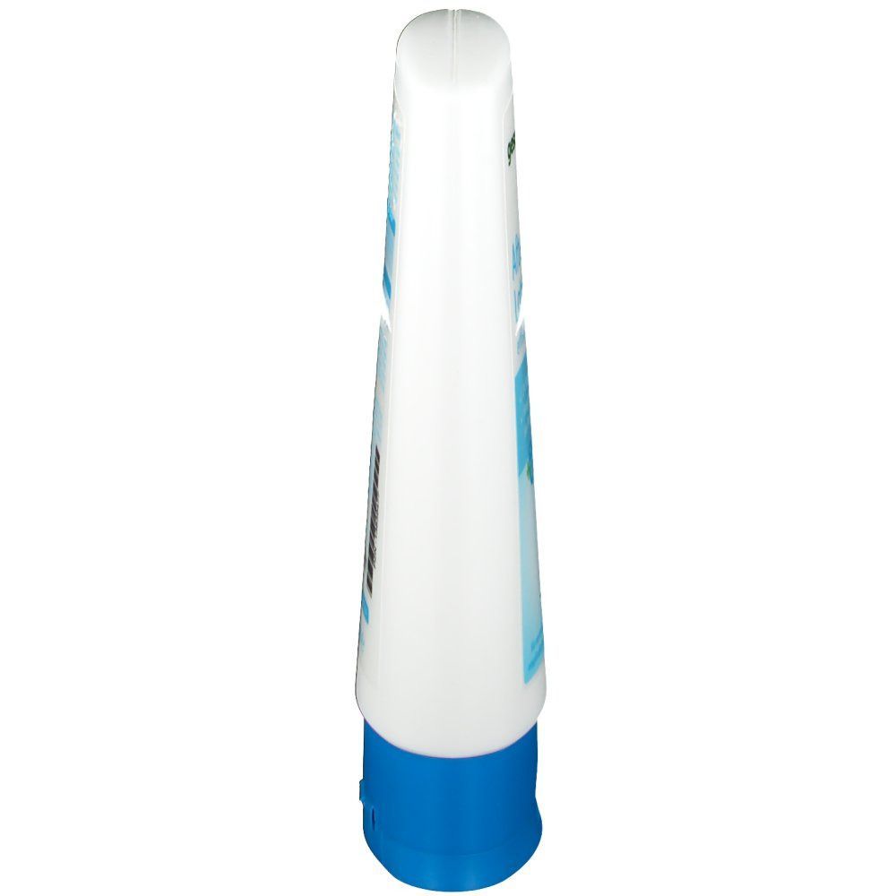 Weiße Flasche mit blauem Deckel, von oben gesehen. Text in deutscher Sprache.
