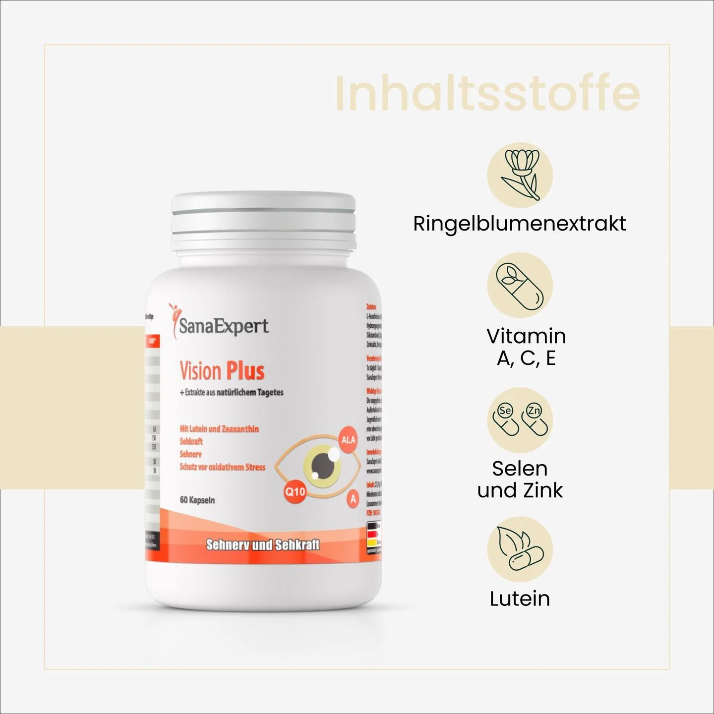 Weiße Kapsel-Flasche mit SanaExpert Vision Plus-Etikett. Enthält Ringelblumenextrakt, Vitamine A, C, E, Selen, Zink und Lutein.