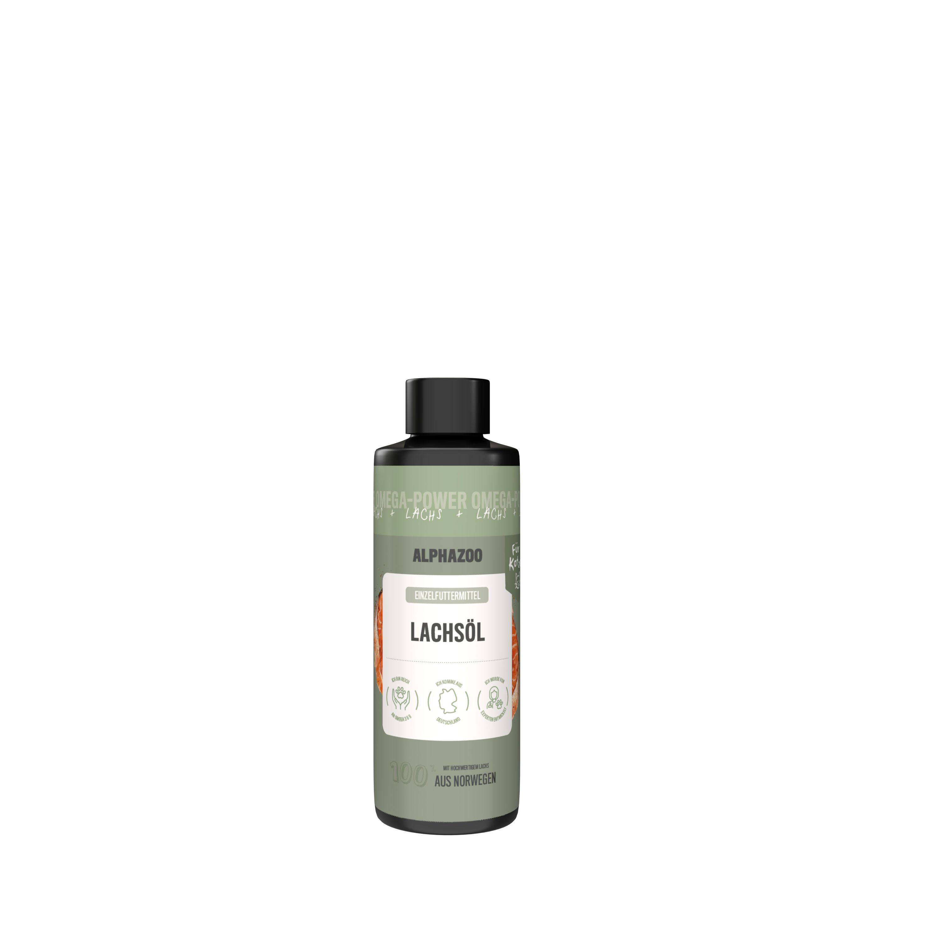 Braune Flasche mit schwarzem Deckel. Aufschrift: Lachsöl, Alphazoo. Grün-weiße Etiketten.