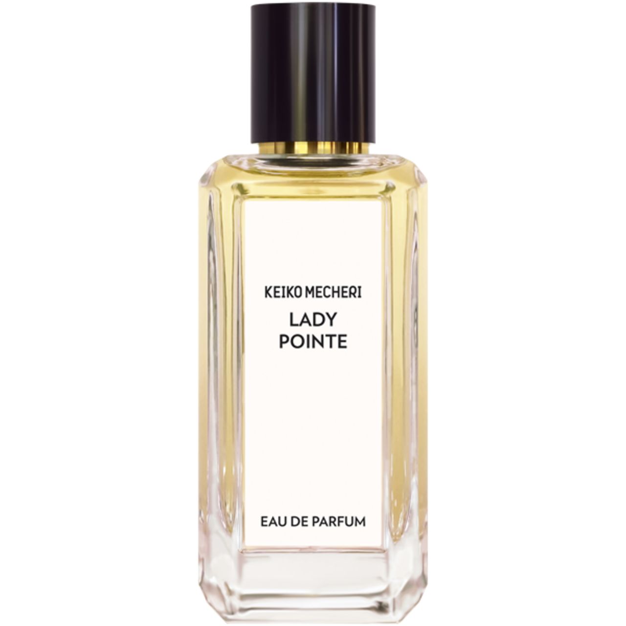 Rechteckiger Glasflakon mit schwarzem Deckel. Aufschrift: Keiko Mecheri, Lady Pointe, Eau de Parfum.