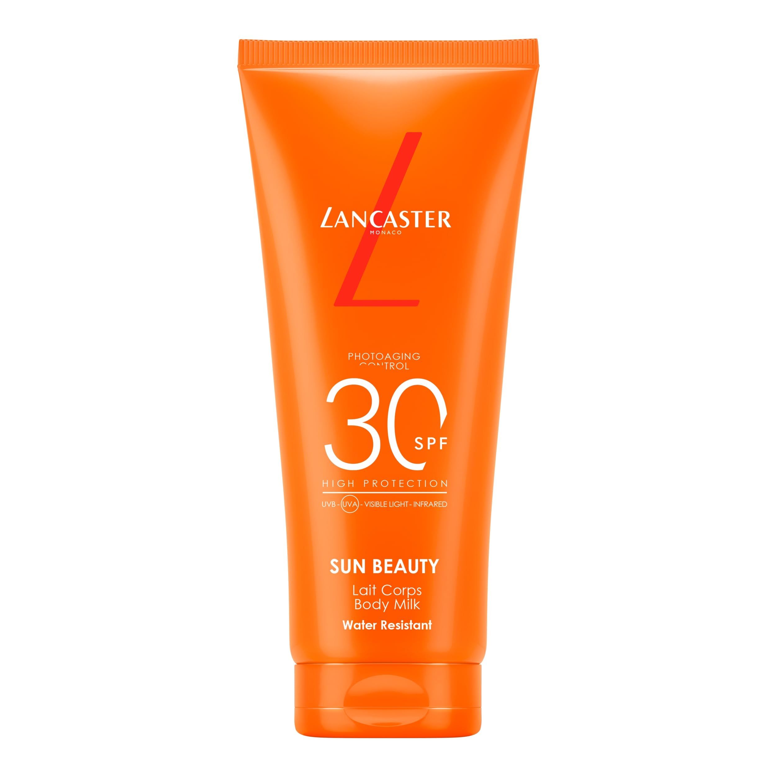 Orange Tube mit weißem Text. Marke Lancaster, SPF 30. Sun Beauty Lait Corps Body Milk. Wasserfest.