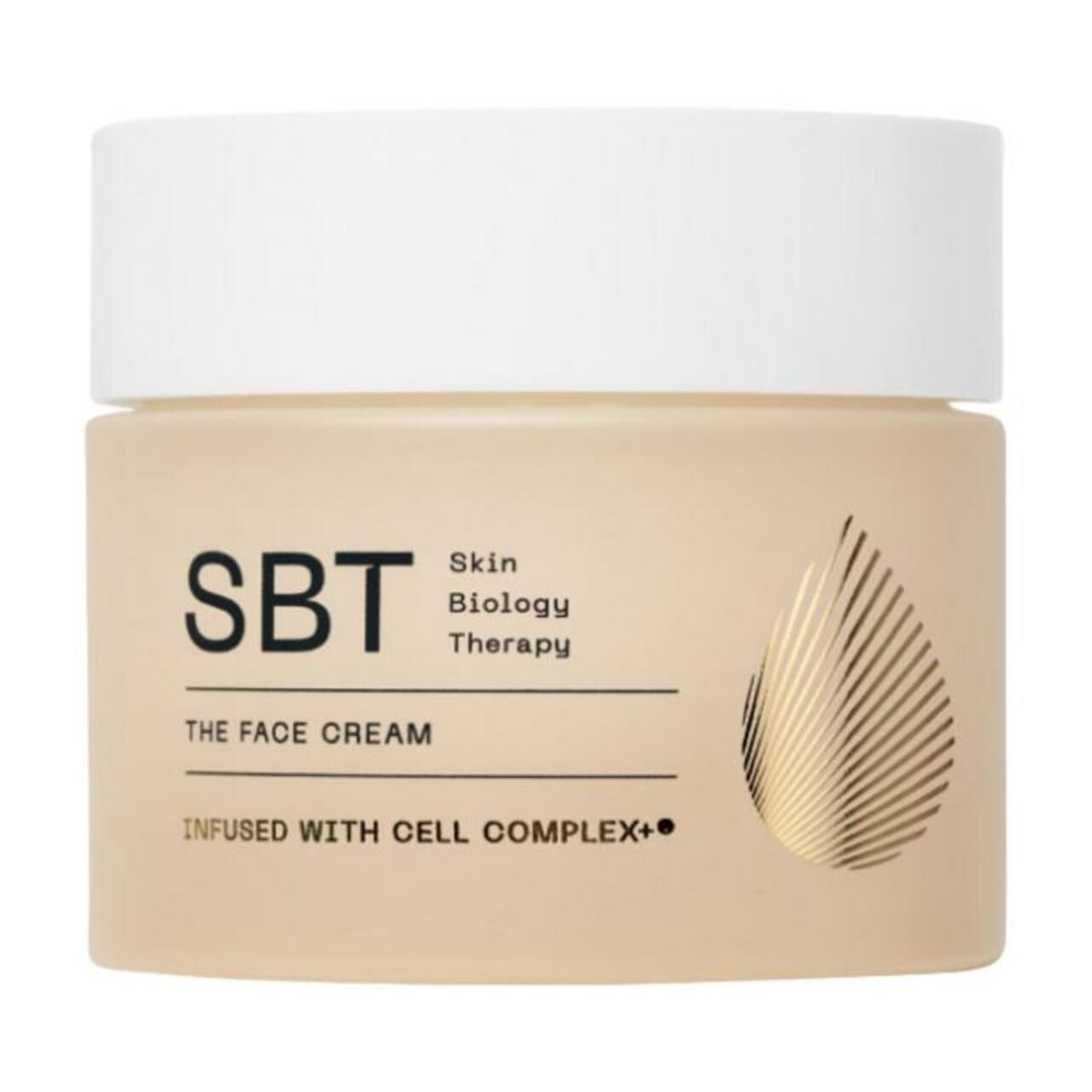 Beige Tiegel mit weißem Deckel. Aufschrift: SBT Skin Biology Therapy, THE FACE CREAM. Goldfarbenes Tropfen-Design.
