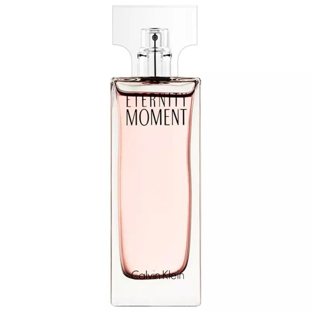 Parfümflasche. Aufschrift: Eternity Moment. Flasche mit Sprühkopf. Rosa Flüssigkeit. Calvin Klein.