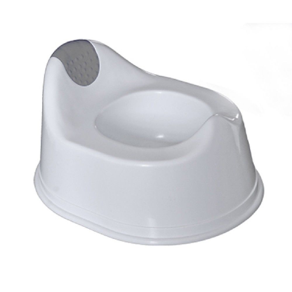 Weißes Töpfchen mit grauer Rückenlehne. Runde Form mit erhöhter Sitzfläche und integrierter Mulde.