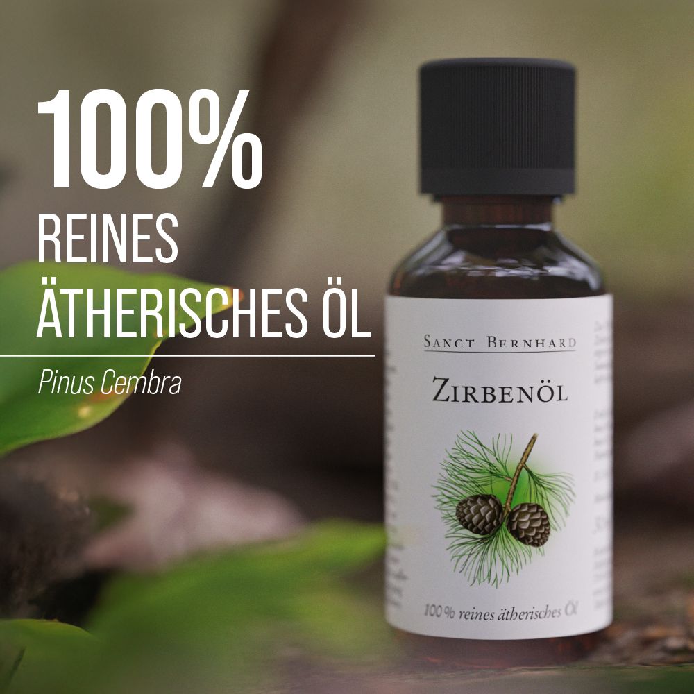 Braune Glasflasche mit schwarzem Deckel. Etikett mit Sanct Bernhard, Zirbenöl, Kiefernzweig und Zapfen. 100% reines ätherisches Öl.