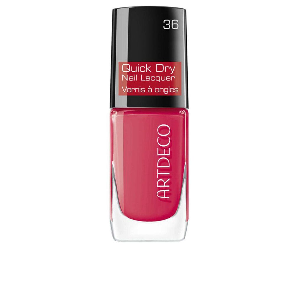 Nagellackflasche, rot, mit schwarzem Deckel. Aufschrift ARTDECO, Quick Dry Nail Lacquer. Nummer 36 auf dem Deckel. Transparente Glasflasche.