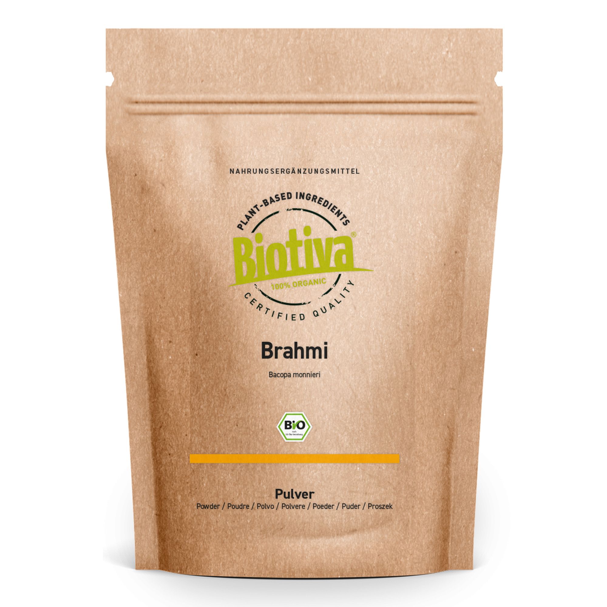 Braune Papierverpackung mit Produktnamen und Bio-Siegel. Aufschrift: Biotiva, Brahmi, Pulver. Grün-gelbes Logo und Text.