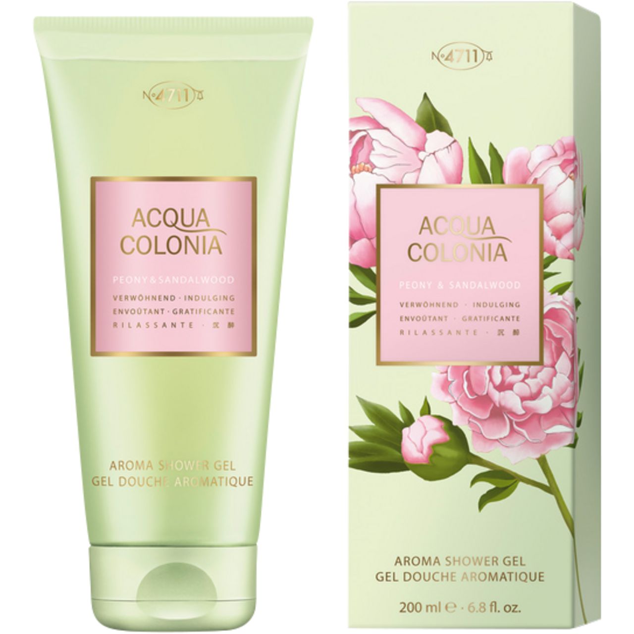 Grüne Tube und Schachtel. Aufschrift: Acqua Colonia, Peony & Sandalwood, Aroma Shower Gel. Abbildung: Pfingstrosen.