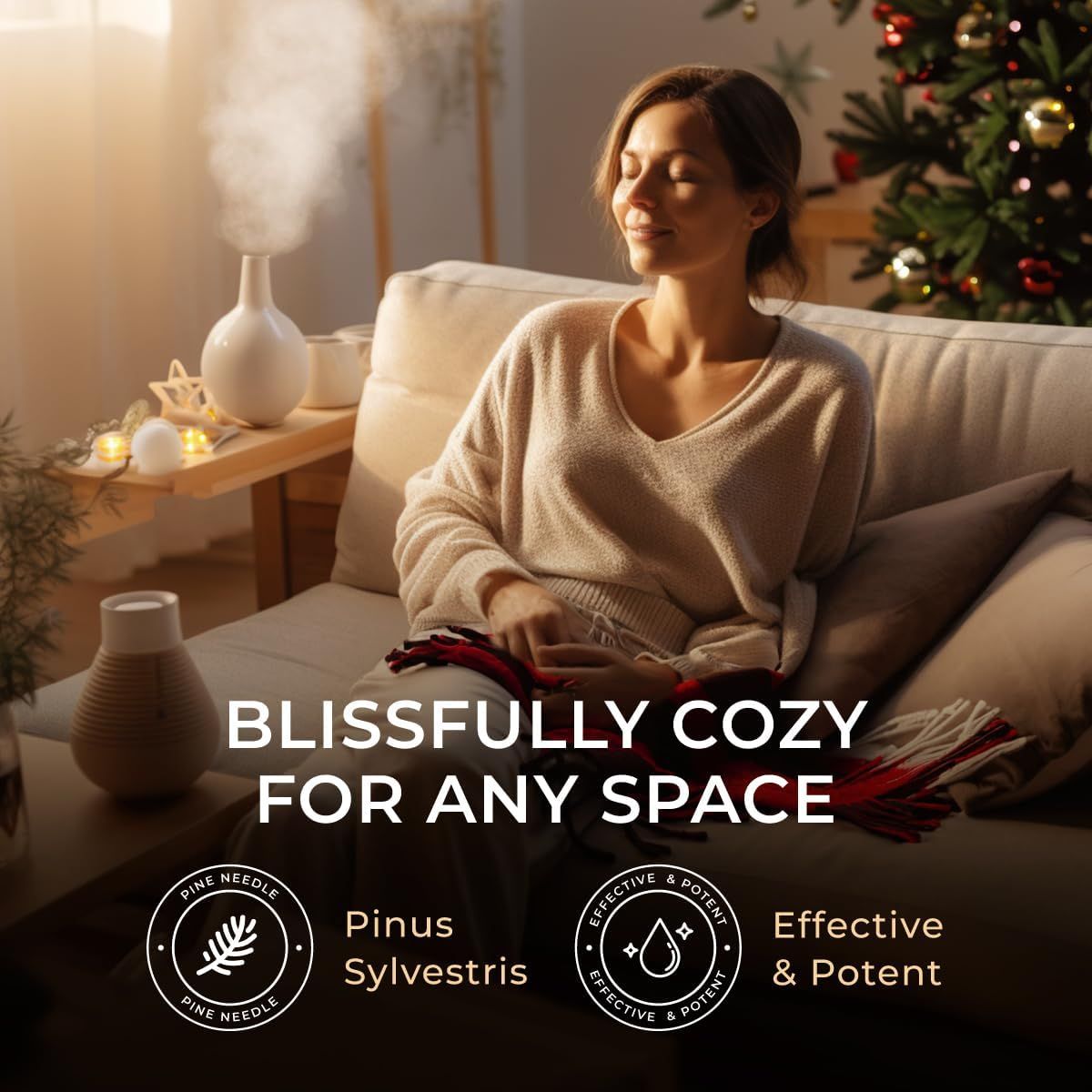 Frau auf Sofa mit Duftdiffusor. Text: Kiefernnadel, Pinus Sylvestris, Effective & Potent.
