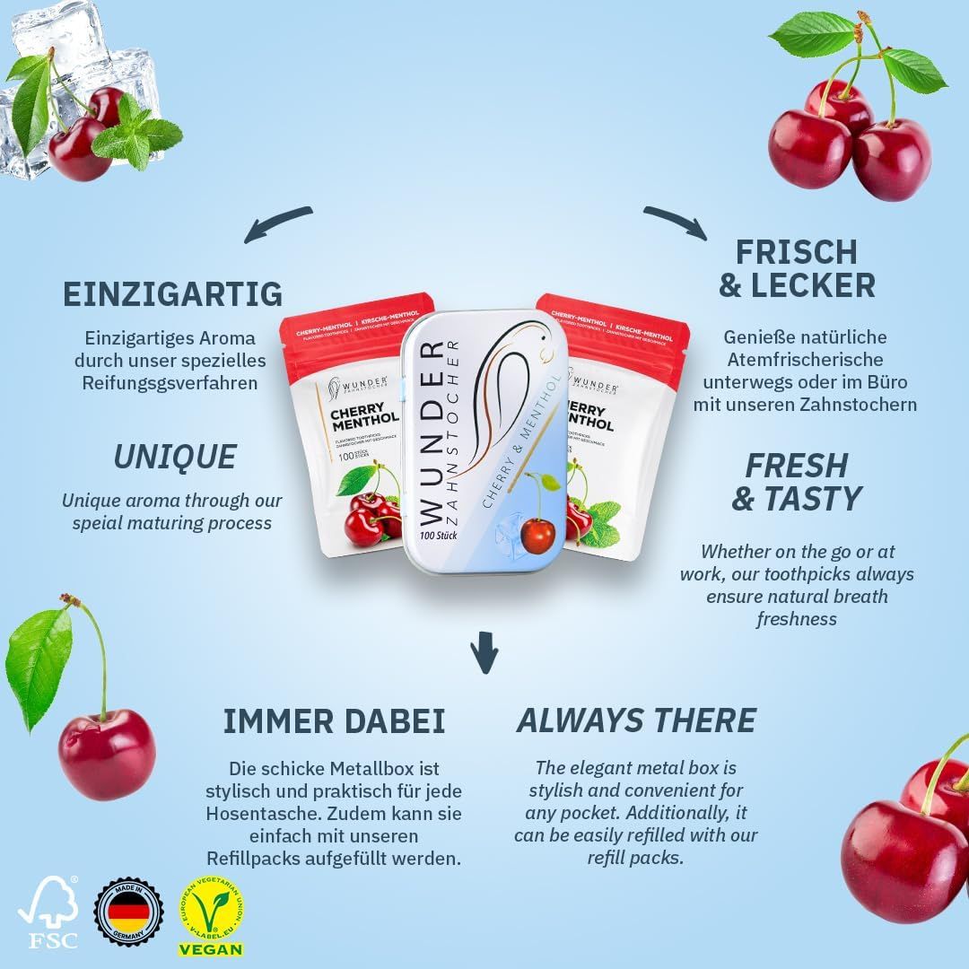 Drei Packungen Zahnstocher mit Kirsch-Menthol-Geschmack, eine Metallbox, Kirschen, Minze und Eiswürfel.