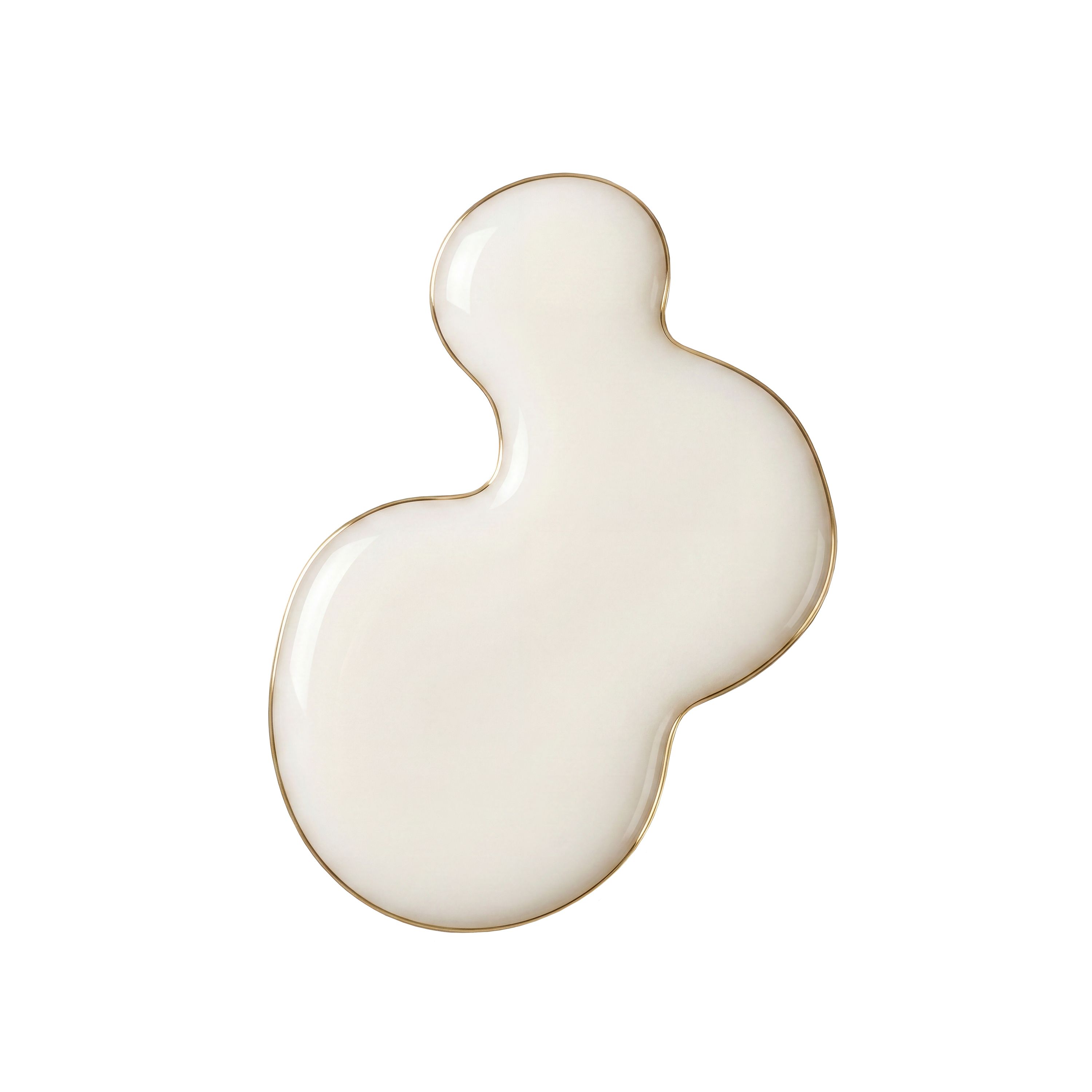 Ein Tropfen cremiger Flüssigkeit mit goldfarbenem Rand auf weißem Hintergrund.