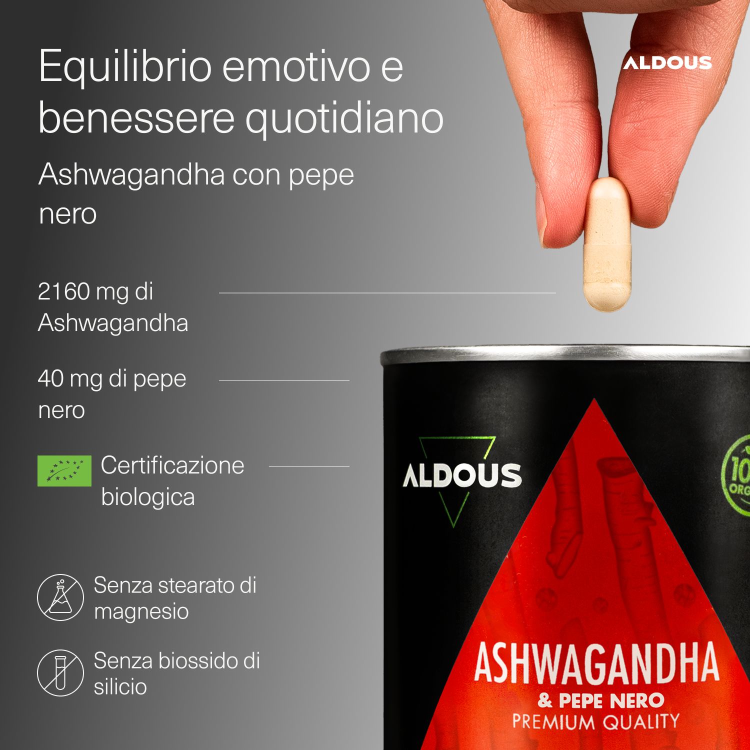 Aldous Ashwagandha mit schwarzem Pfeffer: 2160mg Ashwagandha, 40mg schwarzer Pfeffer, bio-zertifiziert.