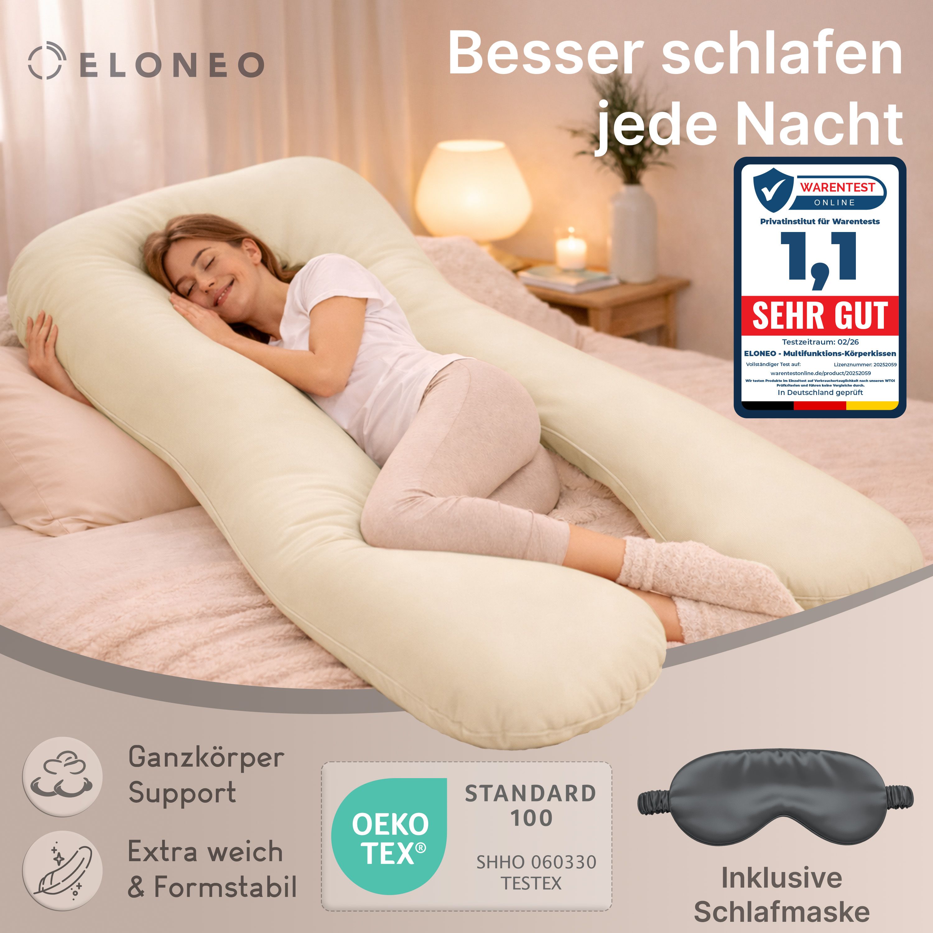 Multifunktions-Körperkissen mit Schlafmaske, Creme