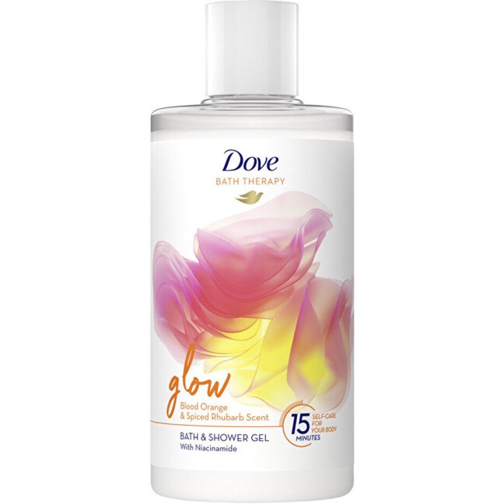 Dove Bad- und Duschgel. Transparente Flasche mit weißem Deckel. Etikett mit Produktnamen, floralem Design und Text.