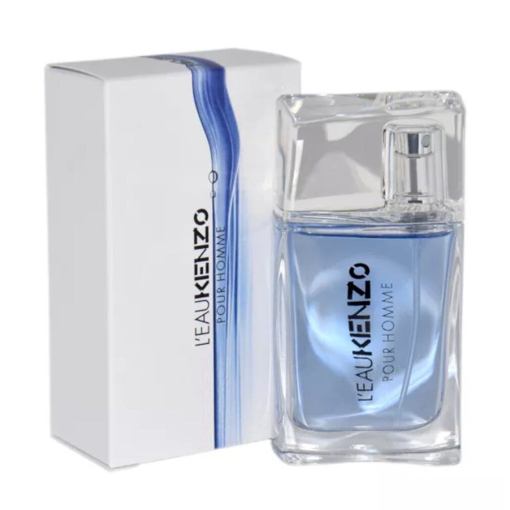 L'Eau Kenzo Pour Homme Flakon und Verpackung. Klare Glasflasche mit blauem Duftwasser und silbernem Sprühkopf.