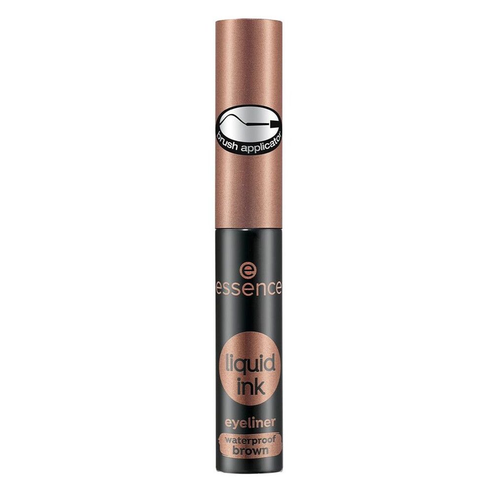 Essence Flüssiger wasserfester Tinten-Eyeliner. Braune Flasche mit braunem Deckel. Schwarzer Schriftzug: liquid ink eyeliner waterproof brown.