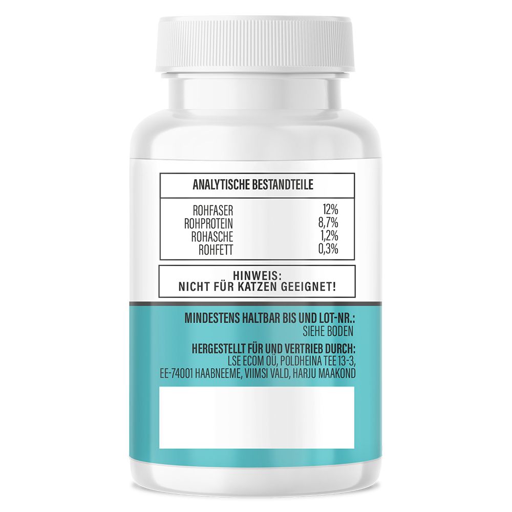 Weiße Flasche mit blauer Banderole. Text: Analytische Bestandteile, Mindestens haltbar bis, Nicht für Katzen geeignet.