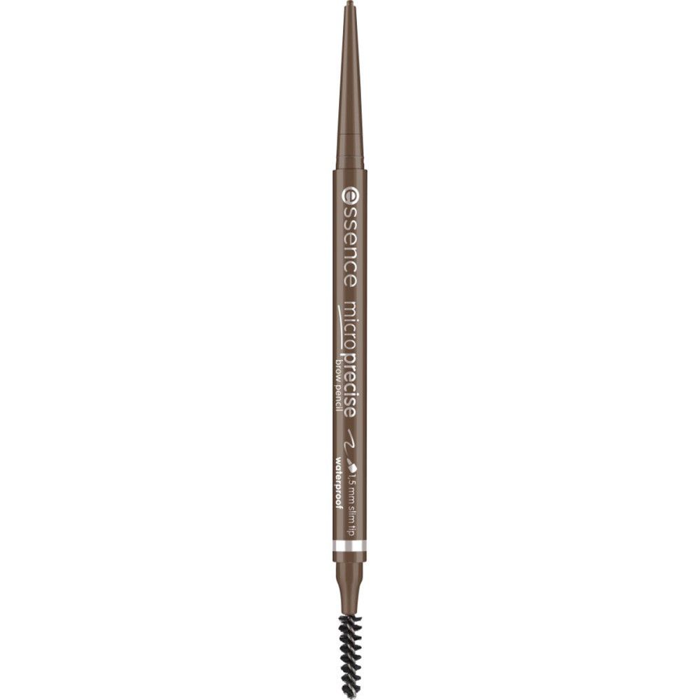 Augenbrauenstift mit Bürste. Schlanke, braune Mine. Marke: Essence. Text: Micro Precise, waterproof.
