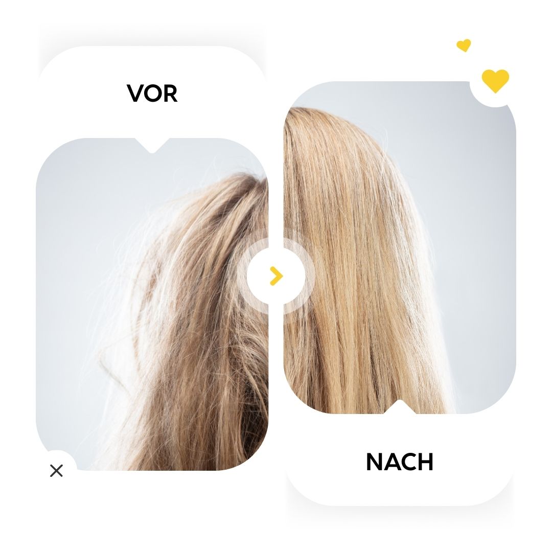 Vorher-Nachher-Vergleich von blondem Haar. Links: strapaziertes Haar. Rechts: glattes, gesund aussehendes Haar.
