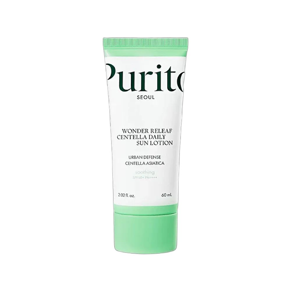Weiß-grüne Tube PURITO Wonder Releaf Centella Daily Sun Lotion. Text: Urban Defense, 60 ml.