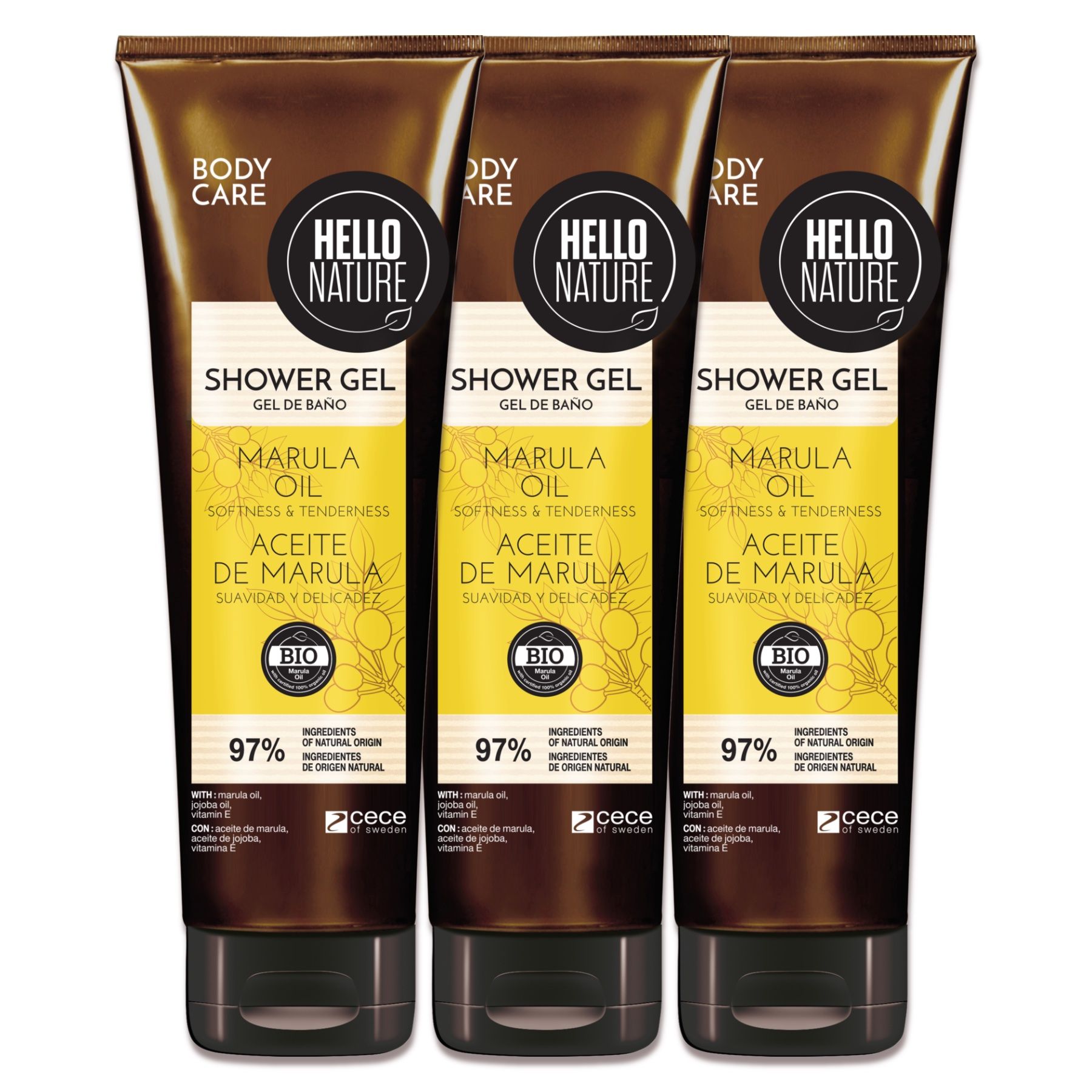 Hello Nature Duschgel Herren Damen mit Marula Öl für Körperpflege 3x250 ml