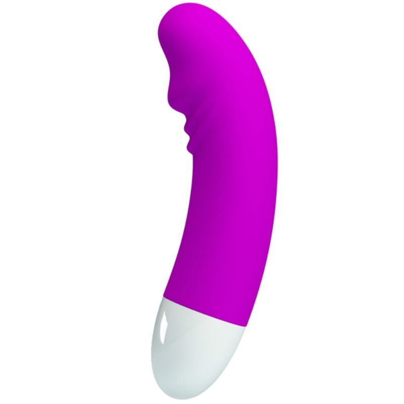 Gebogener lila Vibrator mit weißer Spitze.
