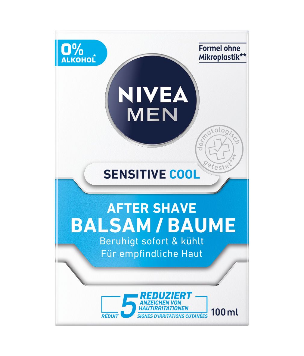 Verpackung NIVEA MEN After Shave Balsam Sensitive Cool. 0% Alkohol. Beruhigt sofort & kühlt. 100ml. Für empfindliche Haut.