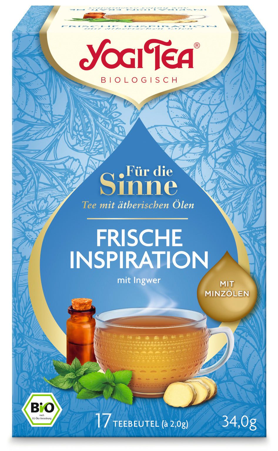Verpackung von Yogi Tea. Blaue Verpackung mit Logo und Produktbezeichnung. Enthält 17 Teebeutel. Bio-Zertifizierung.