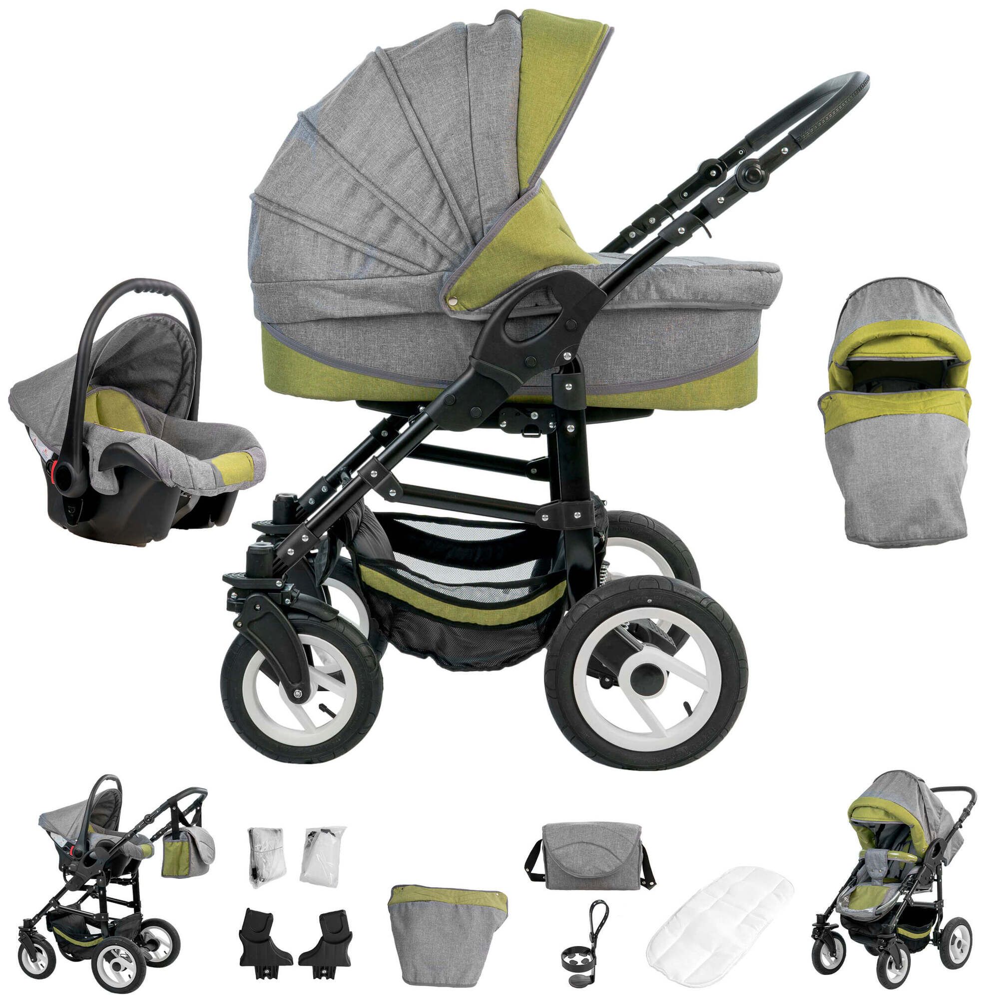 Kinderwagen-Set mit Hartgummireifen, grau-grün. Enthält Babywanne, Sportsitz, Babyschale und Zubehör.