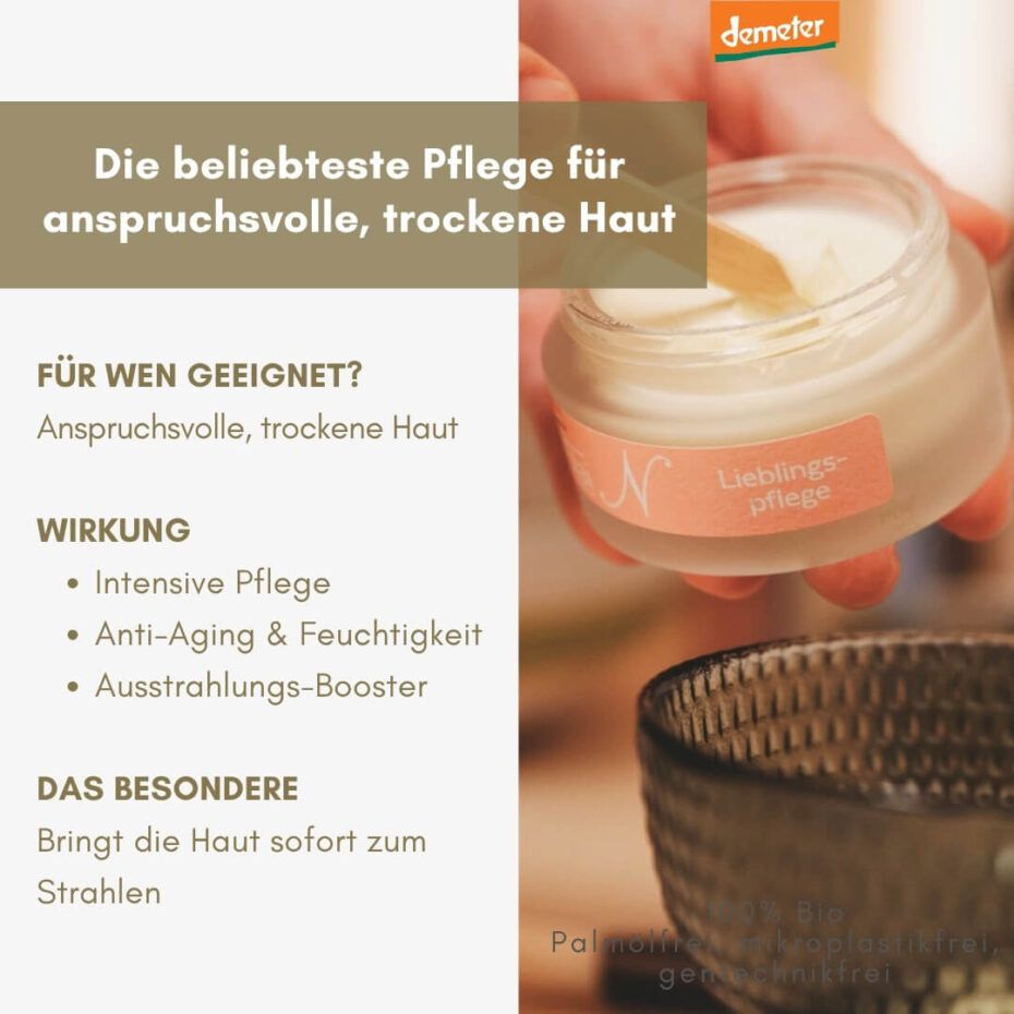 Creme in Glasbehälter, rosa Etikett mit Schriftzug. Demeter-Logo. Text: Lieblingspflege für trockene Haut. Glasbehälter wird gehalten.