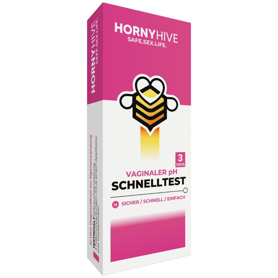Horny Hive Schnelltest-Bundle Schachtel, blau. Aufschrift: Harninfektion Vorsorgetest. Sicher/Schnell/Einfach. Logo mit Biene.