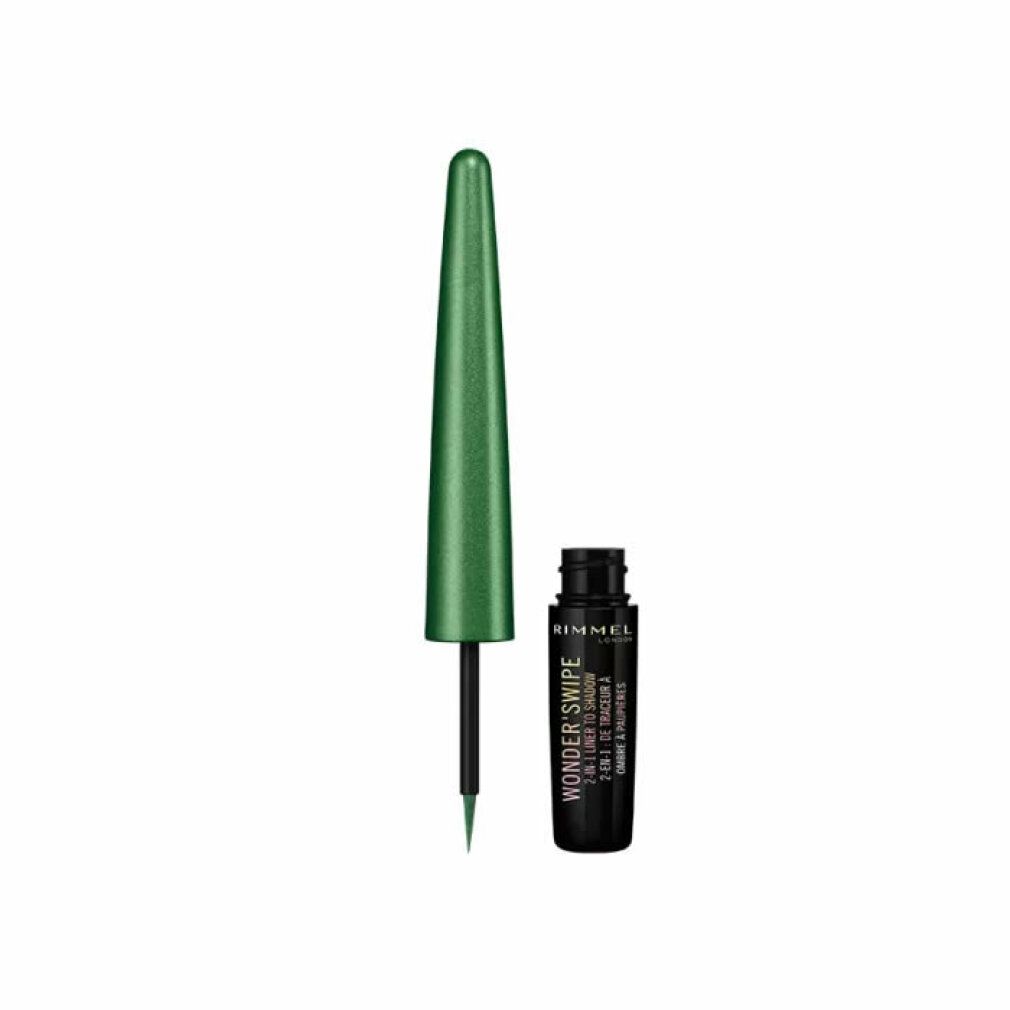Eyeliner mit grünem Schimmer und Applikator. Schwarze Schrift: Rimmel London, Wonder Swipe 2-in-1 Liner to Shadow.