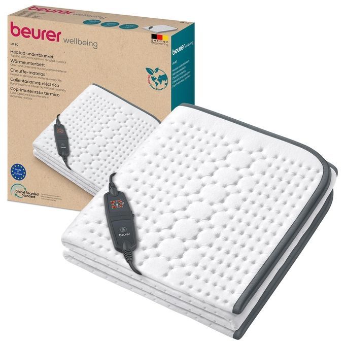 Weißes Wärmeunterbett mit grauem Rand und Steuerung. Verpackung mit Produktabbildung und Logo.