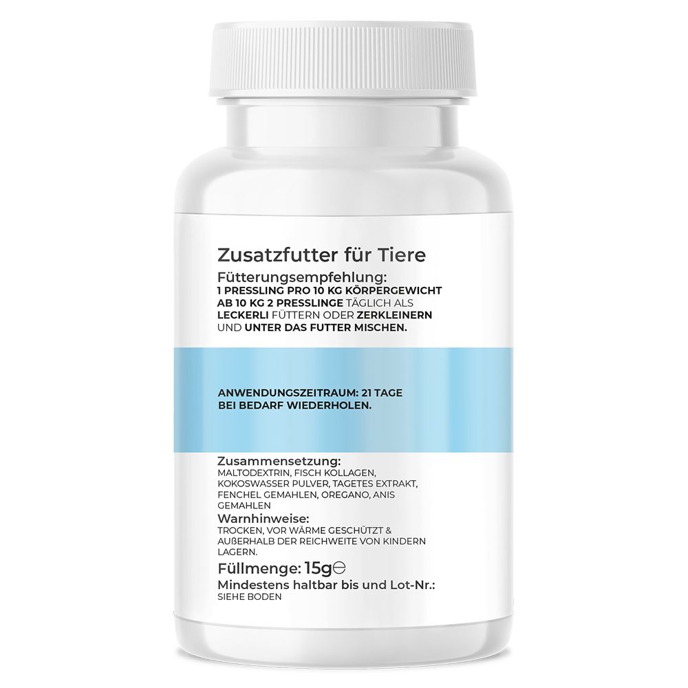 Weiße Flasche mit blauem Streifen. Text: Zusatzfutter für Tiere, Fütterungsempfehlung, Zusammensetzung, Warnhinweise, Füllmenge: 15g.